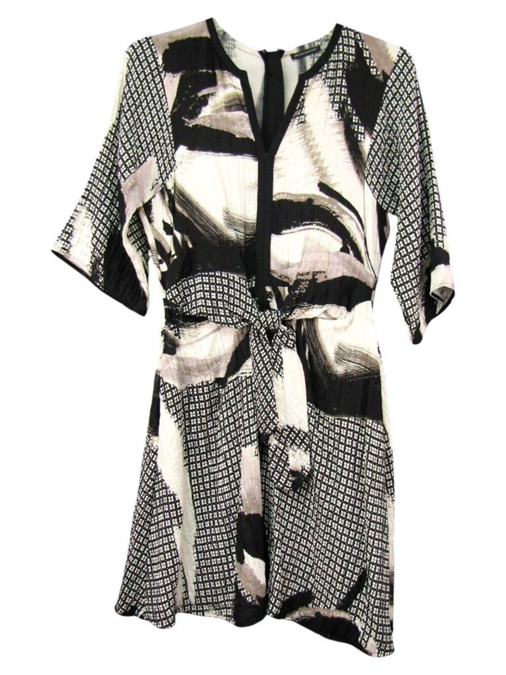 Josie Natori Cream Black Mixed Print Silk Cotton Dress Womens Size 8 Front Tie